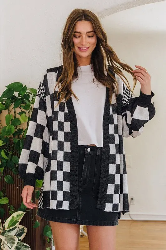 Checkered Open Front Cardigan - Black