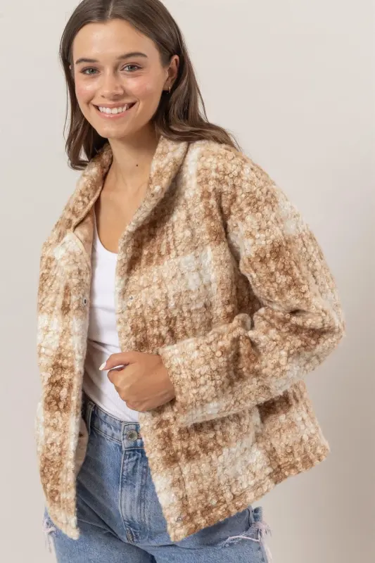 Plaid Collared Neck Boucle Jacket