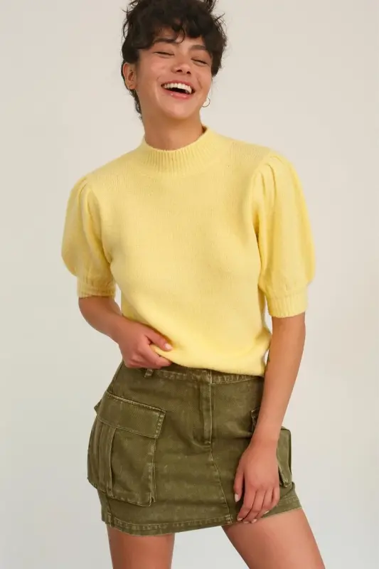 Yellow Mock Neck Puff Sleeve Sweater